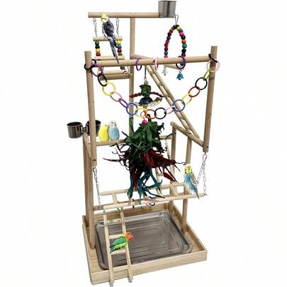4-Tier Large Wooden Bird Playground With Trays Cups Ladder - Parrot Playstand, Birds Stand, Wood Perch Gym Parrots Cockatiels - Durable Multi-Level Bird Activity Center