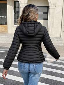 Risissida 女款極簡戶外連帽夾克外套，附口袋，適合通勤與休閒穿著，秋冬外套 - 黑色 - 查看 3