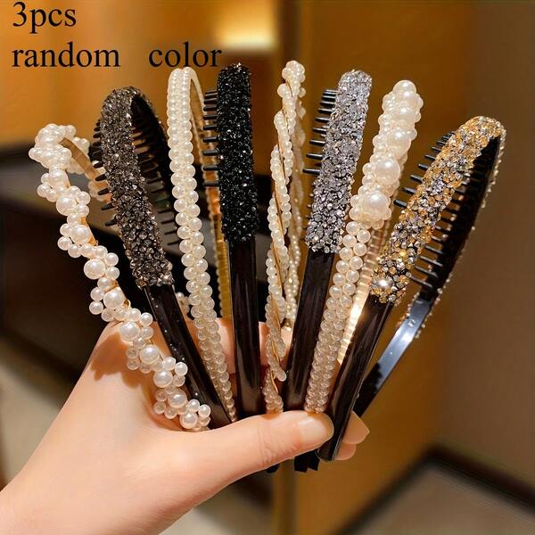 3pcs Random Color Women's Pearl Rhinestone Headbands With Teeth, Non-Slip Beaded Hair Hoops, Elegant Shiny Hair Accessories For Daily Wear And Party Styling