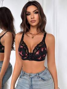 Women's Lace Patchwork Butterfly Print Front Closure Underwire Bra - Black - View 6