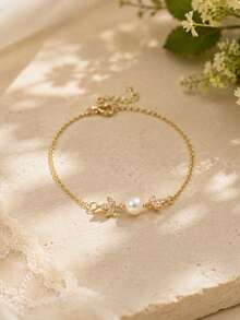 1PC Dainty 14K Gold Thin Chain Bracelet, Single White Pearl Charm Delicate Wrist Jewelry, Minimalist Elegant Bracelet For Women Wedding Daily Party - Gold - View 3
