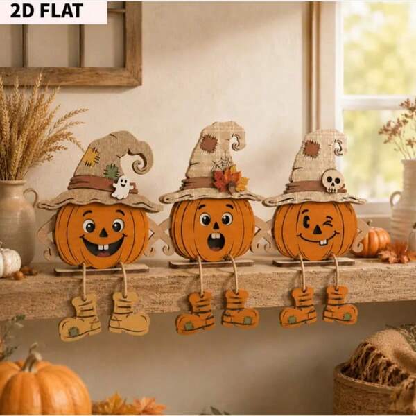 2D Flat, 3pcs Autumn Wooden Decorative Plaques, Thanksgiving, Wall Decor, Party Decoration, Perfect Holiday Gift, Tabletop Decor, Suitable For All Occasions, Vintage, Rustic, Home, Harvest Season, Pumpkin, Maple Leaf Elements, Halloween Decoration, With Base For Placement, Creative Design, Home Decor, Decorative Signs And Plaques