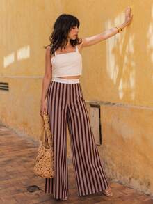 Pantalones de pierna ancha a rayas de cintura alta para mujer, estilo bohemio, pantalones largos de pierna ancha fluidos para vacaciones de verano - Multicolor - Ver 3