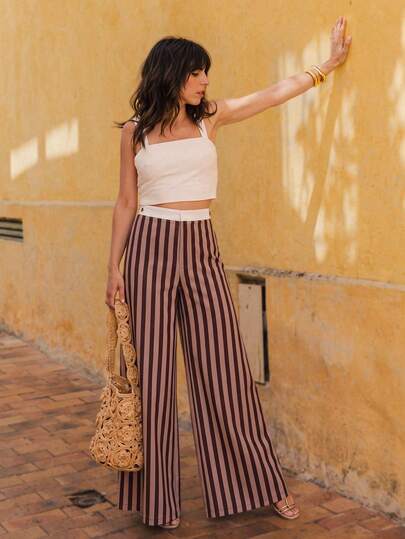 Women's Vintage Earth Tone Striped Wide Leg Pants, High Waist Flowy Loose Floor Length Trousers, Suitable For Vacation, City Stroll And Date Outfits