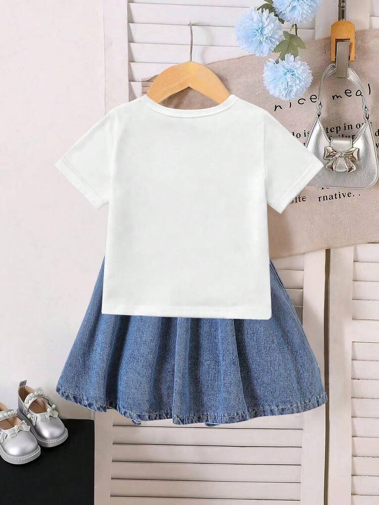 Baby Girl Letter Embroidered Patch Short Sleeve Top And Denim Skirt Set - White - View 3