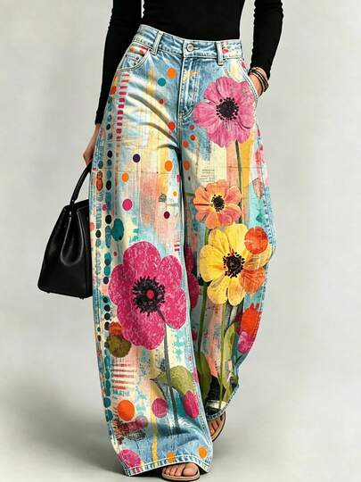 Faux Denim Print Casual Pants -Women's Bohemian Print  Waist Wide Leg  Pants
