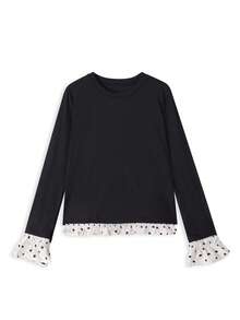 Kaos Lengan Panjang Wanita Gaya Korea Motif Polkadot Blok Warna dengan Rumbai dan Lengan Lonceng, Model Slim Fit, 2 In 1, Potongan Acak, Warna Hitam - Hitam - View 4