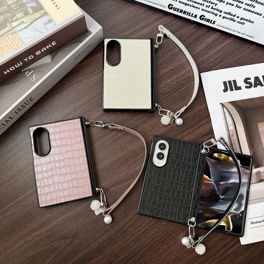 PU Leather Crocodile Pattern Phone Case With Hinge Protection, Comes With A Matching Wrist Strap, Hard PC Backplate Protective Phone Cover, Compatible With Samsung Galaxy Z Fold 8