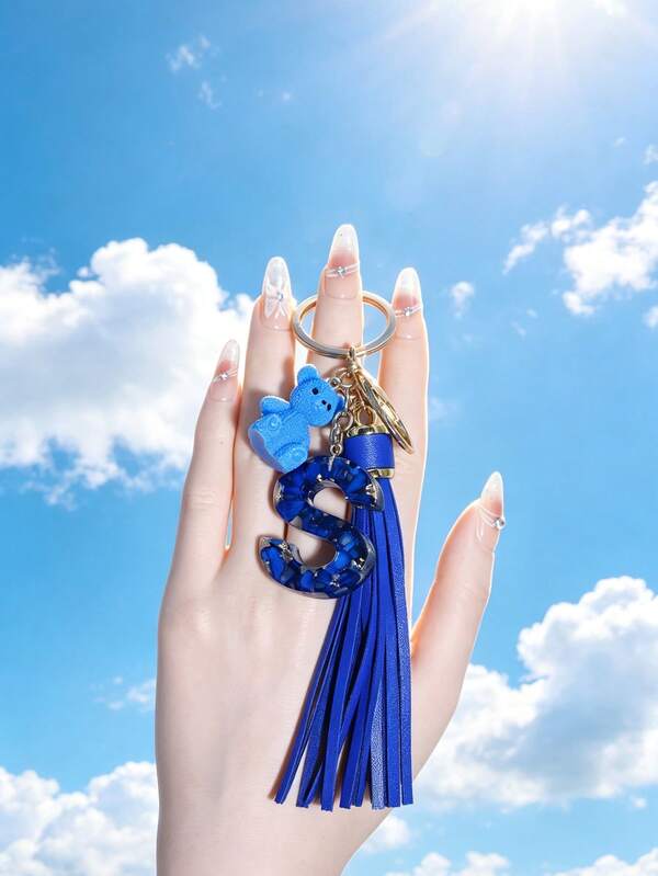 1pc Resin Initial Bear Evil Eye Tassel Keychain Bag Charm Pendant Car Decor Clothing Accessory