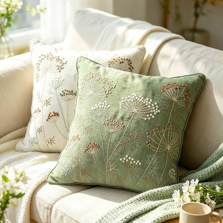 1pc HOME Embroidered Pillow Case 12x20 Inches - Spring/Summer Bohemian Style Decorative Pillow Cover With Zipper, Suitable For Living Room Sofa Bed, Aesthetic Design Floral Bee Cushion Pillowcase, Gray Green - Green - View 1