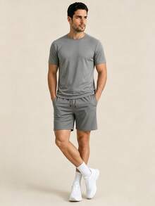 Conjunto de ropa deportiva de 2 piezas para hombre AHTELB, camiseta de cuello redondo con pantalones cortos con cordón, de seda de hielo fina, cómodo, transpirable, elástico, casual, adecuado para deportes al aire libre diarios, ocio y desplazamientos, regalo para esposo, novio, amigo, cliente, padre, conjunto de 2 piezas para hombre, ropa de gimnasio para hombre, gimnasio - Gris Claro - Ver 4