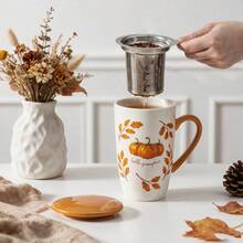 1pc 490ml/16.5oz Cottagecore Autumu Ceramic Tea Cup With Infuser And Lid, Hello Pumpkin Large Capacity Porcelain Coffee Cup Infuser Mug For Loose Leaf Tea Coffee Cocoa, Fall Home Kitchen Decor Drinkware, Gift For Halloween Thanksgiving Harvest - Multicolor - View 8