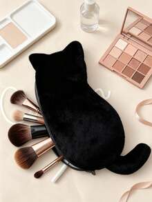 Cute Plush Cat-Shaped Makeup Brush Bag, Soft Plush Cosmetic Storage Bag With Zipper Closure, Suitable For Makeup Brushes, Lipsticks And Other Small Beauty Tools - Multicolor - View 5