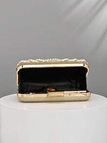 1pc Square Gold Multi-Layer Pearl Rhinestone Evening Clutch, Metal Square Buckle Luxury Dress Handbag, Detachable Chain Crossbody Small Bag For Bride Wedding Bridesmaid, Annual Meeting Party Elegant Cheongsam Accessory Bag - Gold - View 4