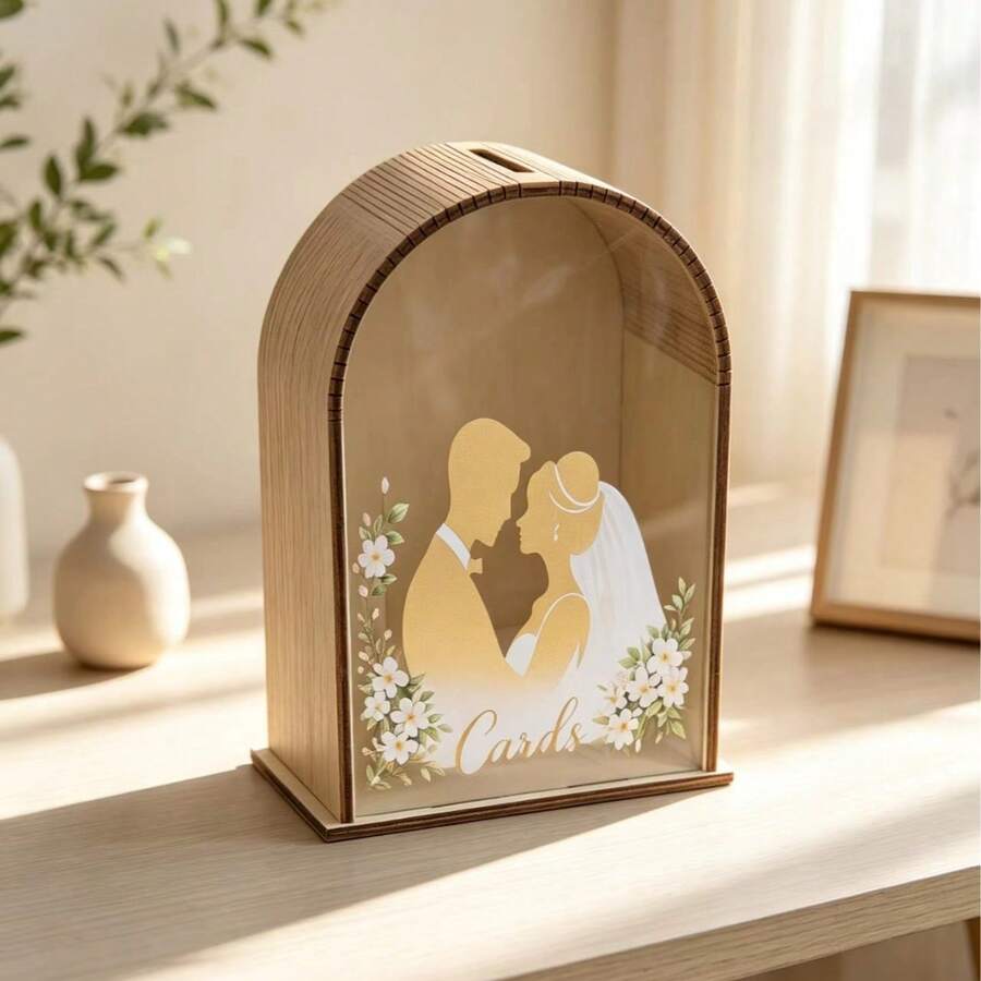 1pc Wooden Rustic Romantic Wedding Gift Card Box, Natural Wood Color With Slot And Acrylic Window, Suitable For Wedding Reception Party, Anniversary Decoration Card Box - 1PC - View 1