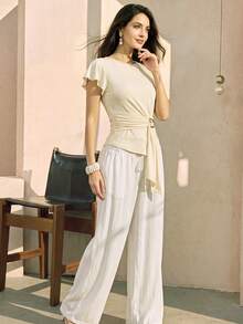 Cream Ruffle Cap Sleeve Wrap Waist Tie Top, Women Elegant Summer Round Neck Metal Buckle Self Sash Slim Fit Casual Blouse - Light Yellow - View 6