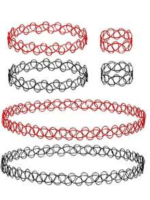 6Pcs Tattoo Choker Set Stretchy 90s Necklace Bracelet And Rings For Women - Multicolor - View 7