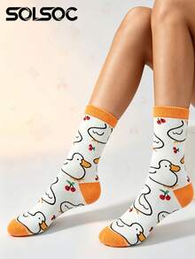 1/5/10 Pairs Women Novelty Cherry Duck Pattern Crew Socks,Soft Breathable Cute Cartoon Graphic Mid-Calf Socks,For Daily Wear&Home Outfit Matching - Multicolor - View 4