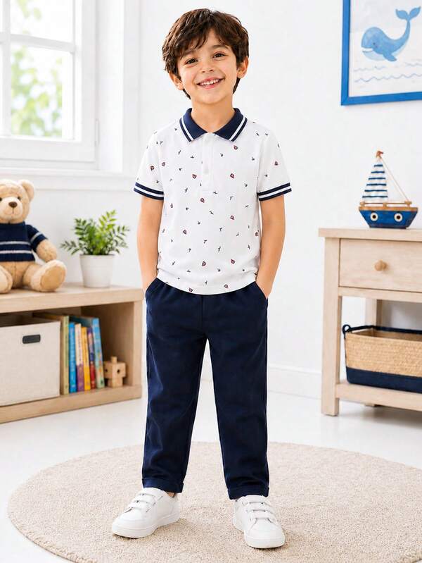 Conjunto de 2 piezas para niños: Camisa polo casual con cuello y botones, pechera semiabierta, combinada con pantalones largos de cintura elástica y bolsillos, adecuado para uso diario, vacaciones, viajes y escuela
