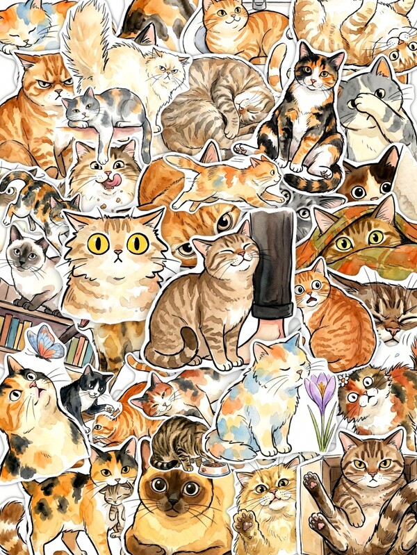 50pcs Watercolor Cat Stickers, Retro Graffiti Stickers For Decorating Water Bottles, Laptops, Suitcases, Waterproof Stickers For Teens Adults, Birthday Decorations, Back To School Decor