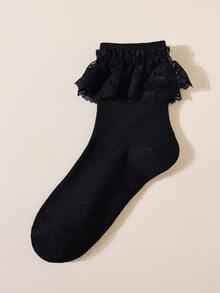 1/3/5 Pairs Women's Black Lace Ruffle Trim Short Socks, Soft Breathable Ribbed Knit Ruffle Mid-Calf Socks, Suitable For Daily Wear, Party, Cosplay, Vintage Ballet Core Lolita Princess Dress Socks - Black - View 7