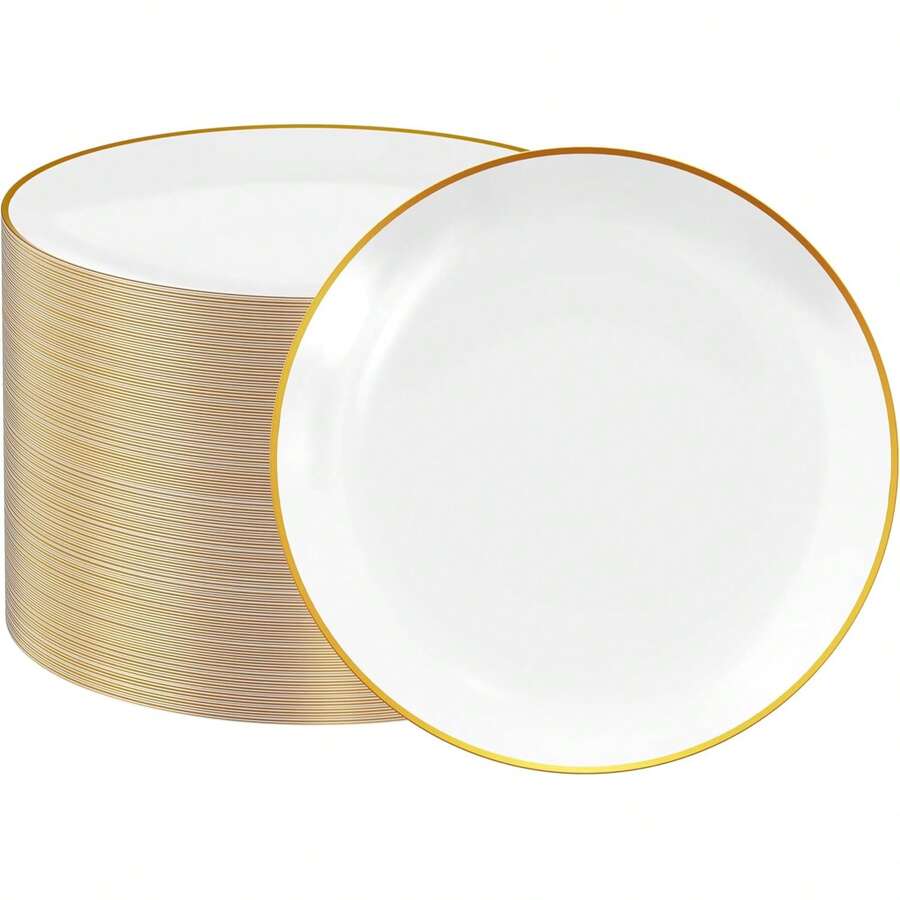 10pcs White Gold Rim Dinner Plates, Smooth Surface, Perfect For Dinner, 10-Person Service Dinnerware Set - White - View 1