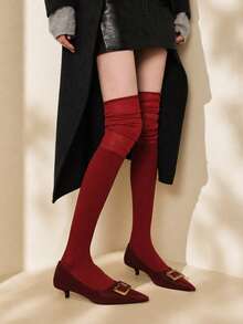 1 Pair Women Burgundy Ribbed Knit Slouchy Over The Knee Socks Old Money For Fall Boot Layering Office Daily Wear - Red - View 4