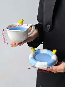 1 Set Summer Pool Duck Ceramic Coffee Cup & Saucer, Ins Style Blue & White Colorblock Embossed Little Yellow Duck Mug, Paired With Blue & White Swim Ring Plate, Personalized Creative, Cute, Gift, Commercial, Artwork - Multicolor - View 8