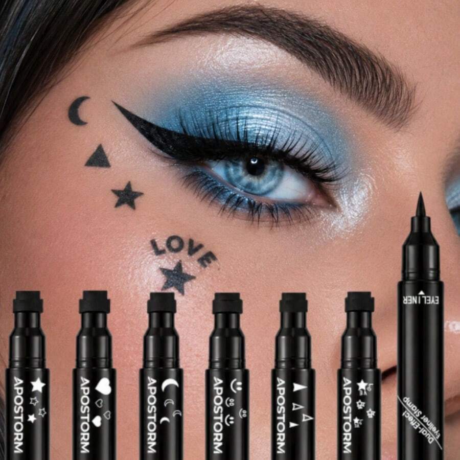 6-Pattern Dual-End Eyeliner Stamp Pen, Streamlined Cylindrical Body, Designed For Creative Eye Makeup. Dual-End Design Precisely Combines Black Eyeliner With 6 Different Fun Stamp Shapes, Completely Solving The Pain Point Of Hand Tremor When Drawing Complex Patterns. Black Material With Rich And Full Color, Quick-Drying Film, Resistant To Sweat And Tears Smudging. - Black - View 1