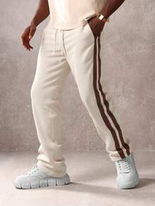 Plus Size Men's Loose Straight Leg Side Contrast Stripe Streetwear Casual Sports Sweatpants, Versatile For Spring/Autumn Daily Outings And Campus Hanging Out - Khaki - View 3