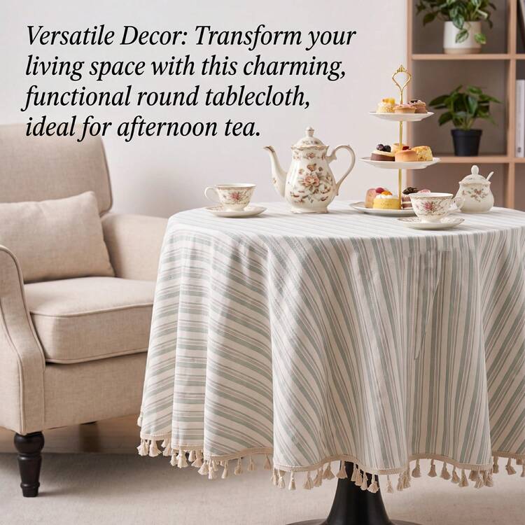 1pc White With Red Thin Stripes Round Tablecloth, Fresh Casual Style, Round Tassel Edge Detail, Decorative And Functional, Suitable For Autumn/Winter Indoor/Outdoor Home Decor And Holiday Arrangement - Light Grey - View 1