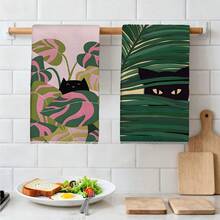 2PCS Kitchen Towels With Tropical Plants And Black Cat Pattern Print, 40*60cm Simple Style Rectangular Microfiber Kitchen Towels, Dish Cloths, Tablecloths, Hand Towels, Kitchen Decor, Housewarming Gifts For Neighbors, Perfect For Kitchen And Bathroom Use, Suitable For Housewives And Family Gatherings, High Cost-Performance, Home Essential - Multicolor - View 6