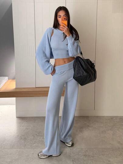 Senya 2026 Women's 3 Pieces Knit Set, Ribbed Cropped Tank Top, Bolero Cardigan And Wide Leg Pants, Soft Blue Matching Outfit, Fashion Quiet Luxury Casual Wear