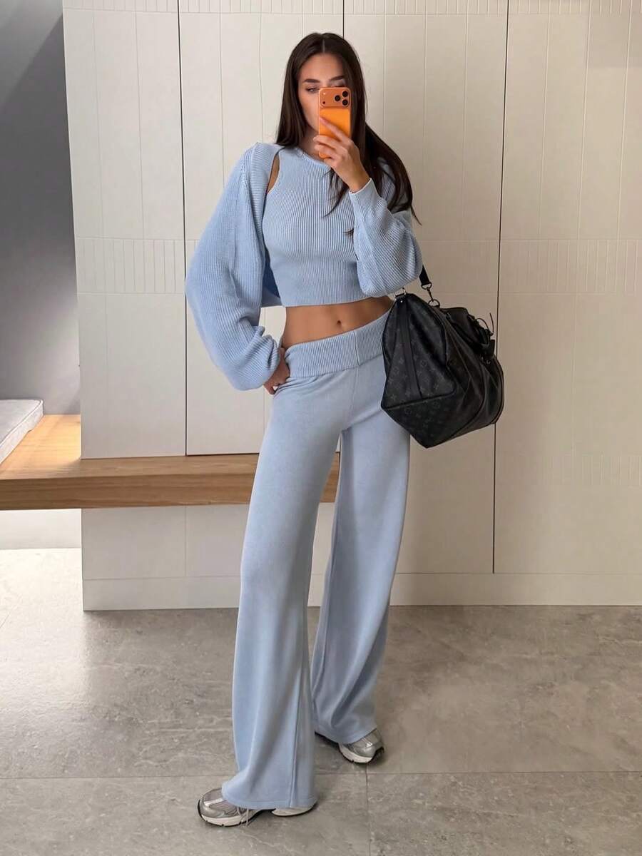 Senya 2026 Women's 3 Pieces Knit Set, Ribbed Cropped Tank Top, Bolero Cardigan And Wide Leg Pants, Soft Blue Matching Outfit, Fashion Quiet Luxury Casual Wear - Baby Blue - View 1
