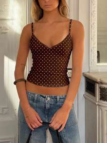 Women Polyester Polka Dot Spaghetti Strap Tank Tops Y2K Fairycore Lace Trim Corset Camisole V Neck Slim Cami Tops Cute Crop Tops Summer Going Out Top - 深棕色-白色波點 - 查看 2