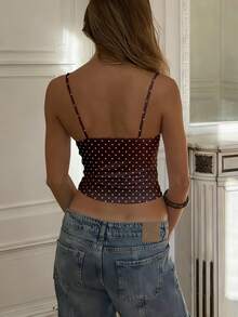Women Polyester Polka Dot Spaghetti Strap Tank Tops Y2K Fairycore Lace Trim Corset Camisole V Neck Slim Cami Tops Cute Crop Tops Summer Going Out Top - 深棕色-白色波點 - 查看 3