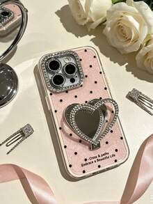 1 pieza Funda de teléfono con lunares de strass, compatible con iPhone 17 16 15 Pro Max 14 Plus 12 13 11 Air, con protección de cámara, carcasa protectora de acrílico brillante y colorido - Rosa + soporte - Ver 2