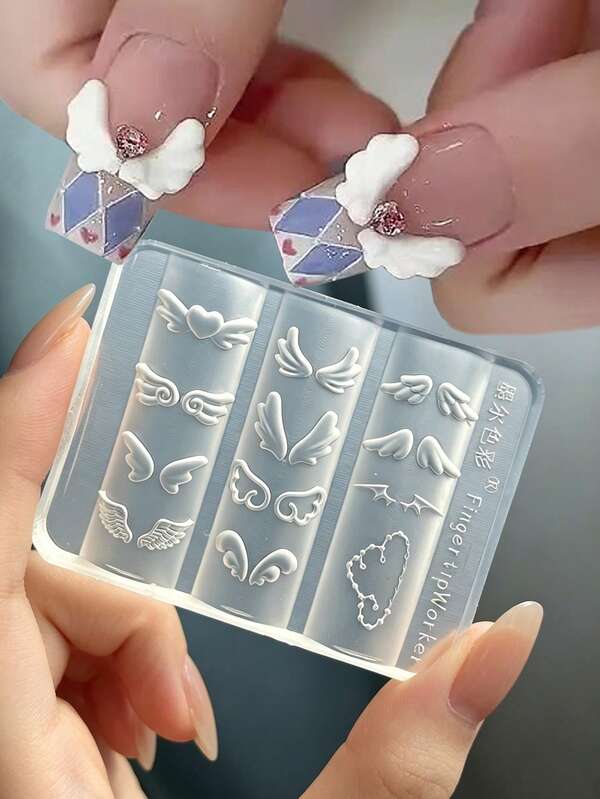 Moules à ongles en silicone 3D en forme d'ailes d'ange, moules à ongles souples multi-styles en forme d'ailes d'ange, de diable et de cœur, moules réutilisables pour charms de manucure DIY, accessoires de décoration de manucure en résine DIY