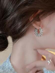 1 Pair Fashionable Personalized CCB Wrapped Small Bead Hoop Earrings Suitable For Women Party And Gathering - Silver - View 4
