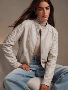 Giolshon Women's PU Motorcycle Jacket, Streetwear Design, With Zipper Pockets, Suitable For Urban Commute And Travel, Balancing Style And Practicality, Suitable For Spring - Beige - View 12