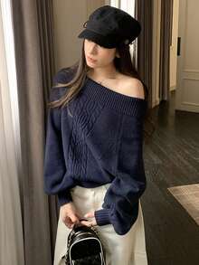 [Y6Y]Autumn Women Cold Shoulder Cable Knit Sweater, Exposed Shoulder Cable Knit Cardigan, Korean Style Gentle Aesthetic - Navy Blue - View 5