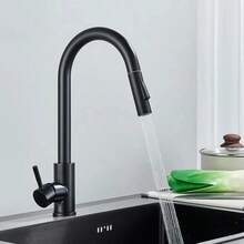 Stainless Steel Pull-Out Kitchen Faucet, Single Hole, 360° Swivel High Arc Modern Sink Tap, 2-Mode Spray Head, Suitable For Farmhouse, RV, Bar, Kitchen - Black - View 9