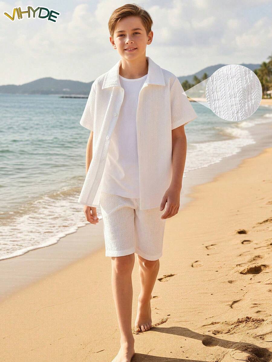 Vihyde Boys 3D Embossed Fabric Short Sleeve Shirt & Shorts 2 Pieces Set For School, Daily Wear, Beach, Travel, Vacation Season - White - View 1