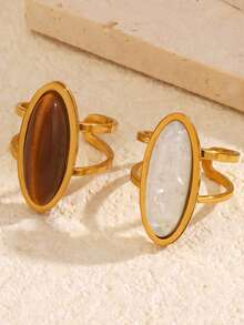 1pc/2pcs Stainless Steel Elegant Vintage Style Amber Oval Ring Set Suitable For Women's Daily, Holiday, Date And Travel Wear - Multicolor - View 6