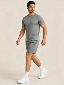 Conjunto de ropa deportiva de 2 piezas para hombre AHTELB, camiseta de cuello redondo con pantalones cortos con cordón, de seda de hielo fina, cómodo, transpirable, elástico, casual, adecuado para deportes al aire libre diarios, ocio y desplazamientos, regalo para esposo, novio, amigo, cliente, padre, conjunto de 2 piezas para hombre, ropa de gimnasio para hombre, gimnasio - Gris Claro - Ver 3