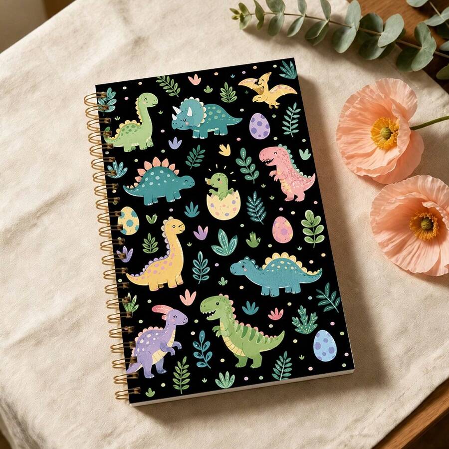 1本恐龍插畫計畫本,黑色背景搭配彩色圖案配色,清新可愛硬殼設計,恐龍蛋、草地、葉子與金色線圈元素,高品質紙張,適合日常書寫、會議記錄、學習規劃與送禮場合,辦公室與學生使用者,A5計畫本/筆記本 - A5 - 查看 1