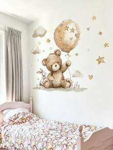 Watercolor Teddy Bear Rabbit Balloon Cloud Wall Decals, Home Decor, Children's Bedroom Supplies, Cute Baby Room Wall Art - Multicolor - View 5