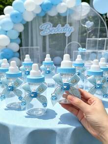 12/6/1 Stück - Schleifenband-Schnuller-Anhänger-Stil 3,5 Zoll Mini-Babyflaschen-förmige Kunststoffbox, Kunststoff-Babyflaschen-Aufbewahrungsbox mit Schleifen-Herz-Flaschenaufkleber und Schnuller-Anhänger DIY-Geschenk, geeignet für Babyparty-Dekoration, englische Taufe Partygeschenk, geschlechtsneutrale Babyparty-Dekoration, Gender-Reveal-Party-Dekoration kleines Geschenk, Gastgeschenk, Babyparty-Geschenk, Hochzeit, Geburtstag, Valentinstag, Geburtstagsparty-Zubehör (Blau) - Blau - Übersicht 5