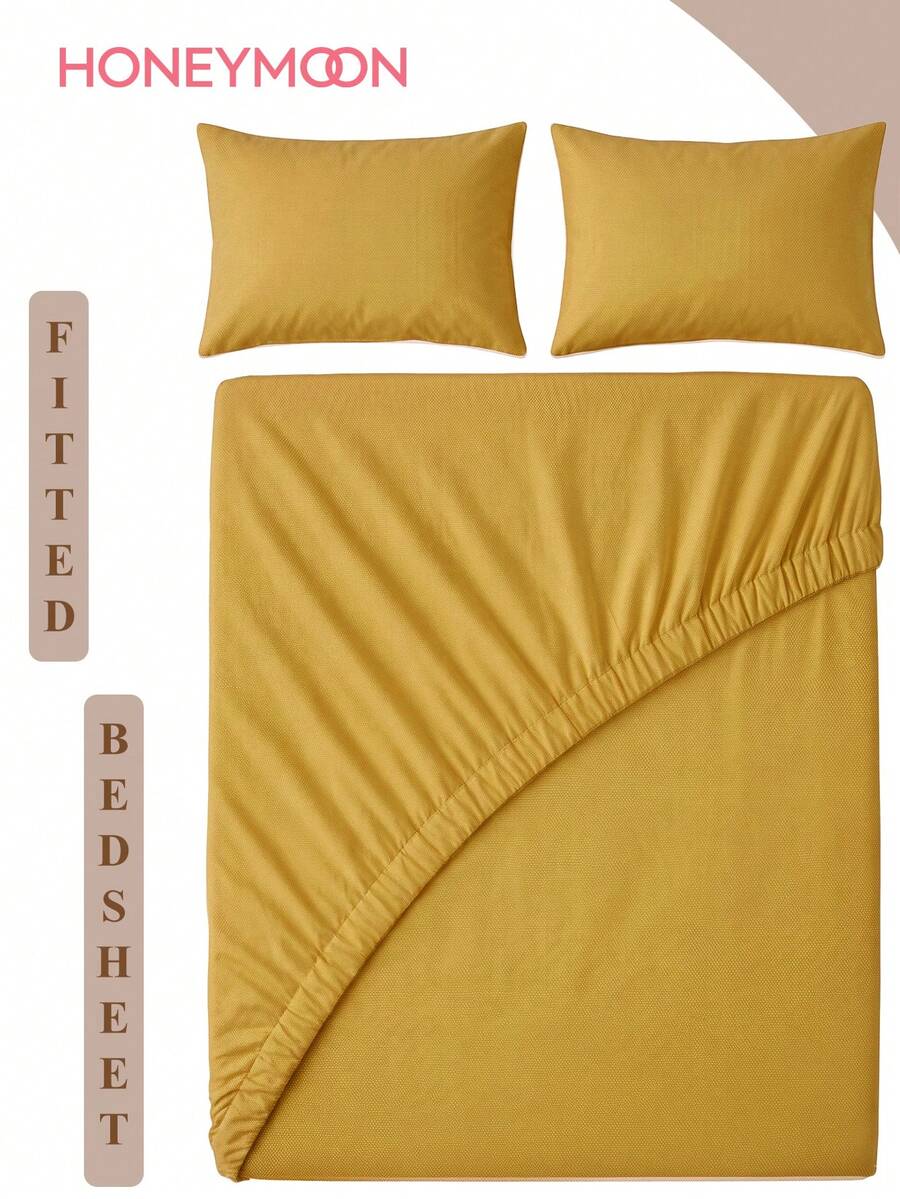 2/3pcs Solid Color Fitted Sheet Mattress Protector Mattress Cover Deep Pocket Bed Sheet Soft Breathable Suitable For All Bed Sizes Twin/Full/Queen/King 9-12inch/25cm Deep Pocket Machine Washable Mustard Yellow - Mustard Yellow - View 1