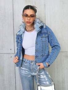 Chaqueta Corta Negra con Tachuelas y Cuello de Piel Desmontable para Mujer, Chaqueta Ajustada Estilo Y2K Urbano - Neblina azul - Ver 5